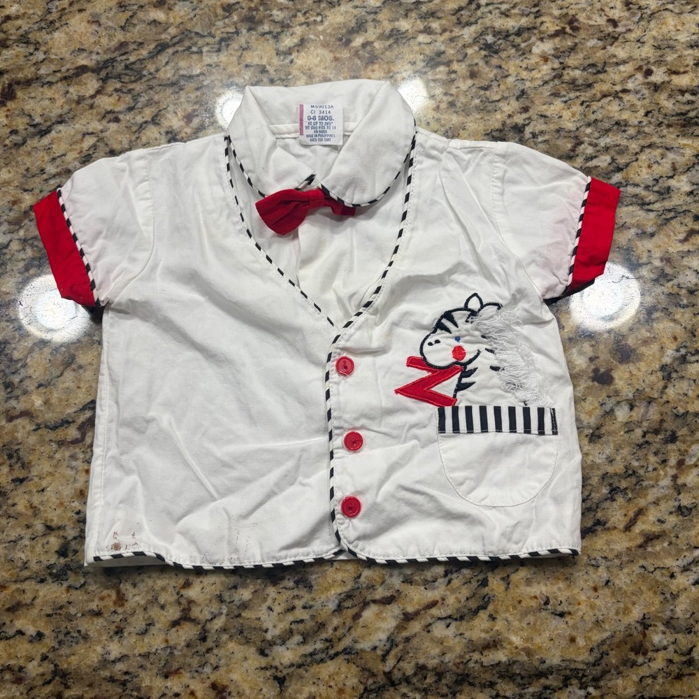 Vintage Zebra Embroidery Infant Shirt Red Bow Tie White Cotton 0-6M Boy